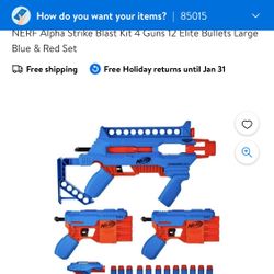NERF Alpha Strike Blast Kit 4 Guns 12 Elite Bullets Large Blue & Red Set
