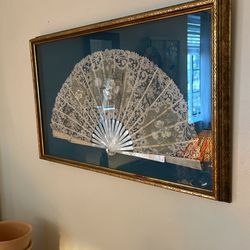 Antique Fan Made In Japan Framed. Mother Of Pearl And Original Lace