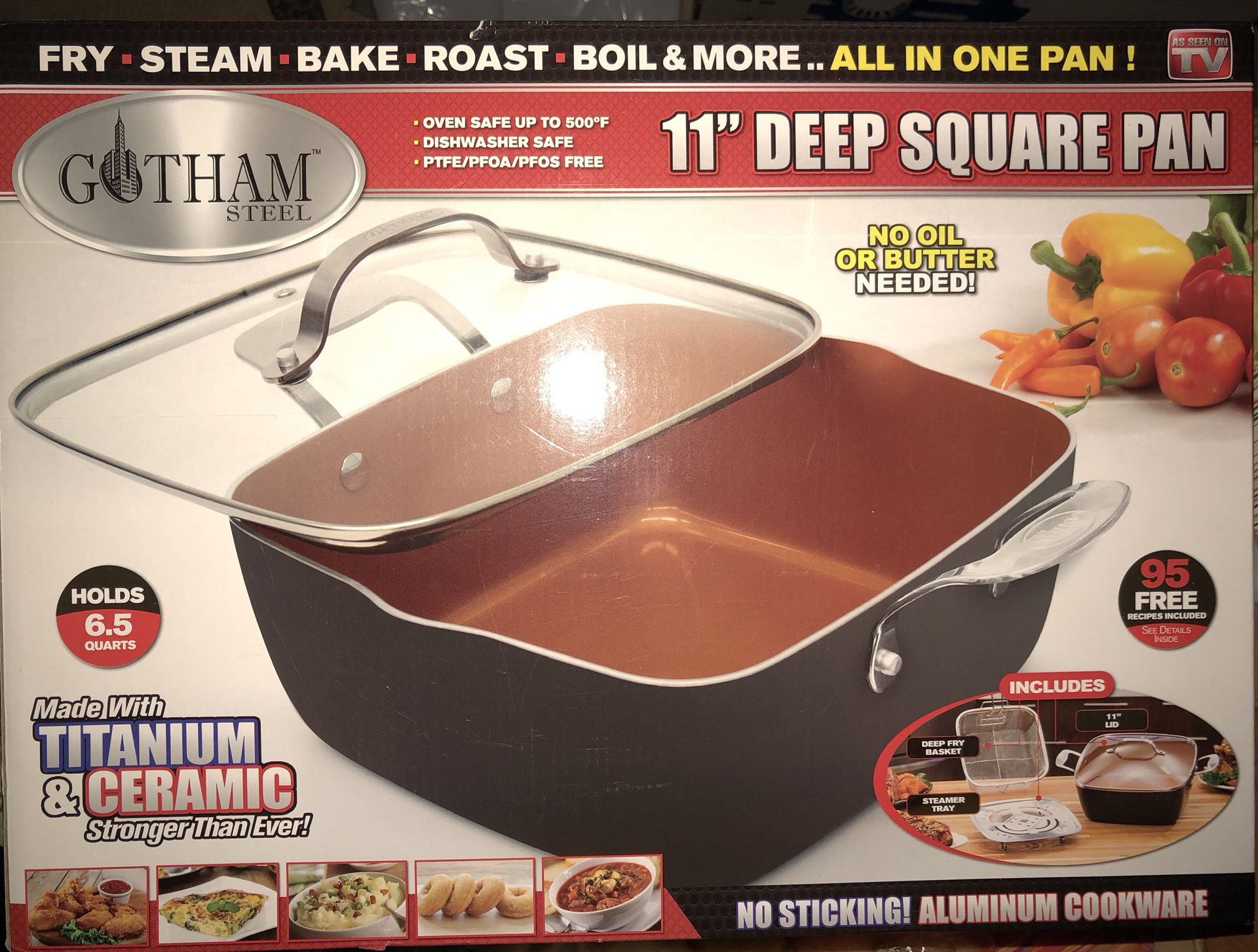 Gotham Steel 1492 XL 11" Copper Deep Square All in One 6 Qt Casserole Chef’s Pan- 4 Piece Set