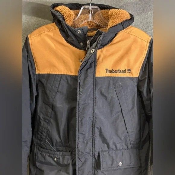 Timberland Black and Orange Tan Hooded Jacket Coat Women Medium