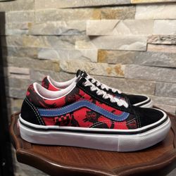 Men’s Sz 4 Vans Pop Cush Skateboarding Red Blue Black Suede Shoe Sneaker EUC