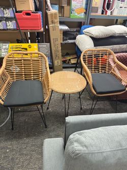 3 Pieces Flaxen Yellow Wicker Rattan Patio Conversation Set with Tempered Glass Table - (26.2 x 26.8 x 32.7)" (L x W x H)