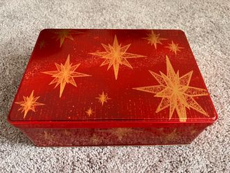 Red Christmas Metal Tin Storage Box with Gold Stars