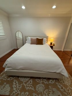 Mid-Century Modern Upholstered Bed - Includes Headboard, Footboard, Box Spring & Mattress