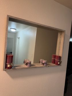 Rustic Wood Framed Wall Mirror with Shelf