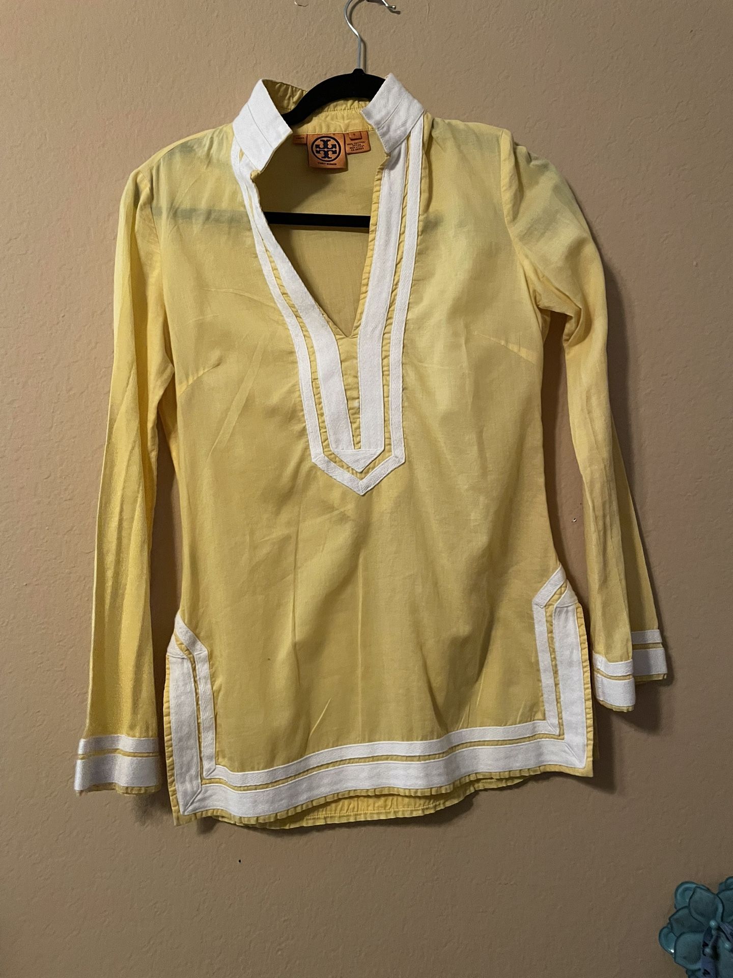 Tory Burch YELLOW SUNSHINE w/ White Trim  Tunic Top Long Sleeve. Small 
