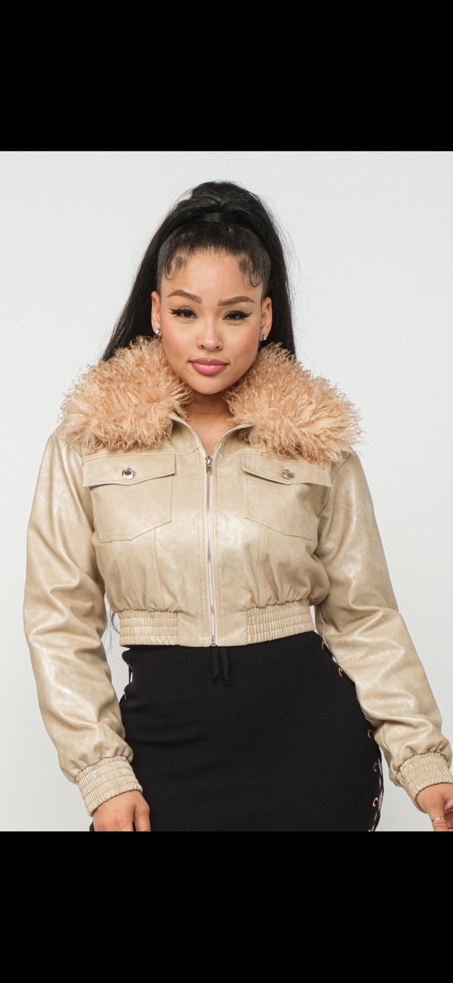 Cream Faux Fur Collared Leather Jacket