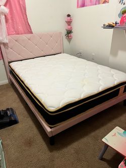 Pink Full Bed frame and Like New Full Mattress