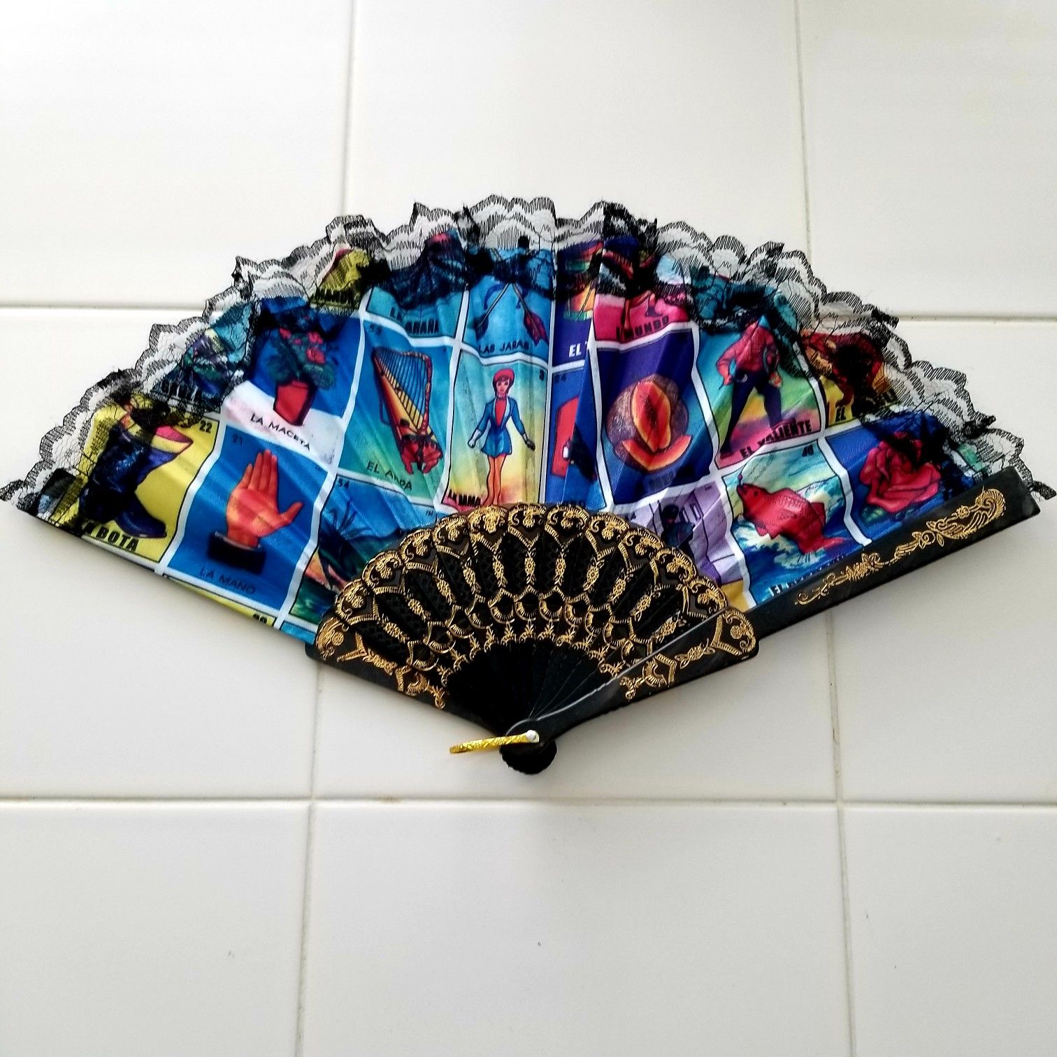 New Mexican Loteria Fan with Lace