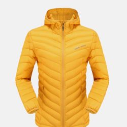 Rock Expedition Norway Hoodie 90% Goose Down Zip Jacket Medium Women Ultralight 120gm. Packable Storage Bag. Logo Accent. Yellow.

Chest: 90 - 95