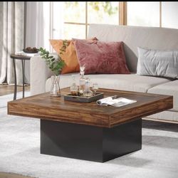 Rustic Brown & Black Square Coffee Table with LED Light