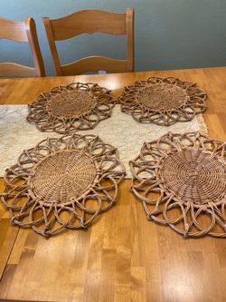 Hand twisted rattan 15 inches wide placemats. Set of four. Can also use as wall art. Bo Ho / cottage