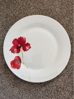 White Ceramic Dinner Plates with Red Poppy Design