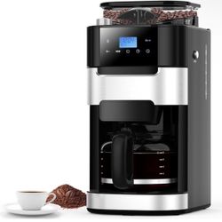 10-Cup Drip Coffee Maker with Built-in Grinder, Touch-Screen Programmable Brew Coffee Machine with Timer, 8 Grinding Settings, Reusable Filter, Keep W
