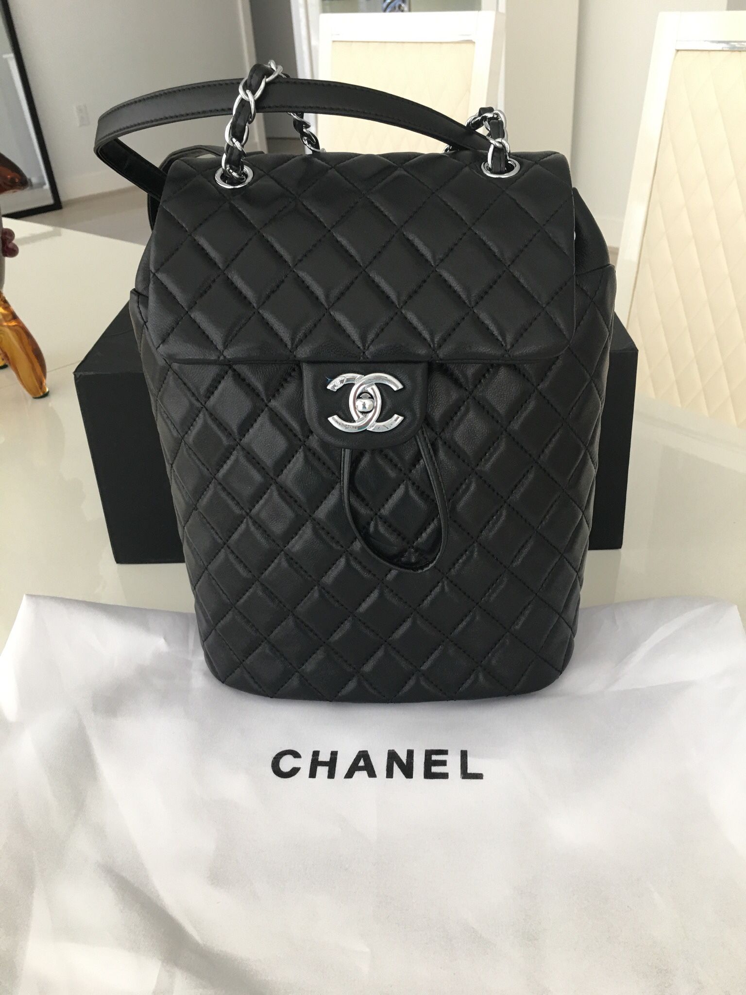 CHANEL BLACK QUILTED SILVER  LAMBSKIN LEATHER BACKPACK 