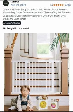 NEW IN BOX-Cumbor 29.7-48" Baby Gate for Stairs, Mom's Choice Awards Winner-Dog Gates for Doorways, Auto Close Safety Pet Gate for Dogs Indoor, Easy I