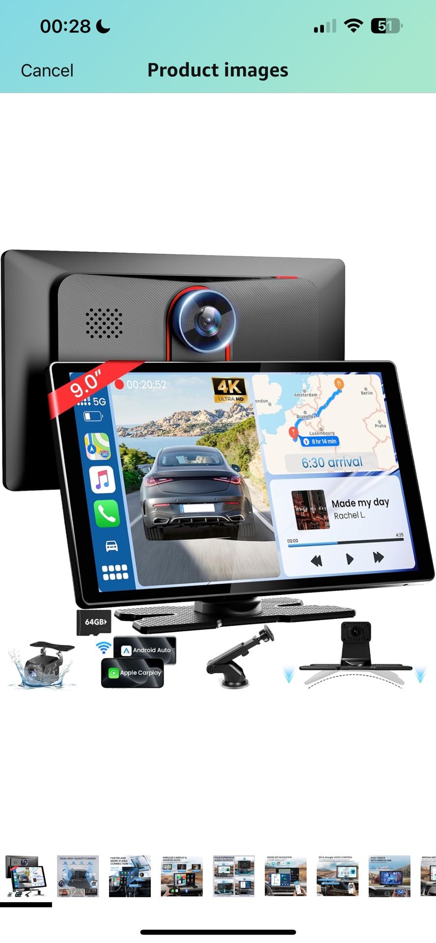 9'' HD Portable Carplay Screen for Car with 4K Dash Cam & 1080P Backup Camera DVR, Car Audio Receivers with Carplay & Android Auto Touch Screen, GPS N