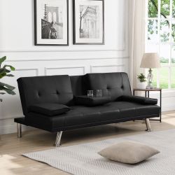 Sofa Bed with Armrest two holders WOOD FRAME, STAINLESS LEG, FUTON BLACK PVC 