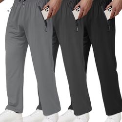 3 Pack Men's Athletic Pants with Zip Pockets, Lightweight Workout Sweat Pants（large）