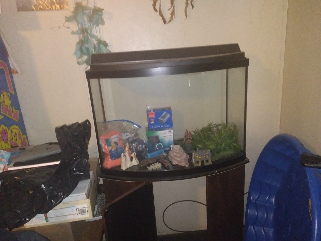 50. Gal. Tank  Stand. New. With  Light.  Bow Front.  With.    Rock. Fish.     Decor.     And  A Lot More. 2. Many Tank  All. Ready