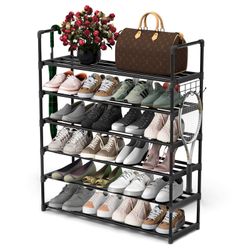 6 Tiers Metal Shoe Rack Adjustable Shelf Storage Organizer with Hooks Stackable Entryway Hallway
