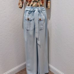 NY&CO EVA MENDES Wide-Leg High-Waisted Pants w/Matching Belt, Seafoam Pale Blue