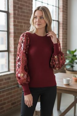 NWT Sioni Milano Burgundy Illusion Sheer Floral Embellished Sleeve Sweater Small