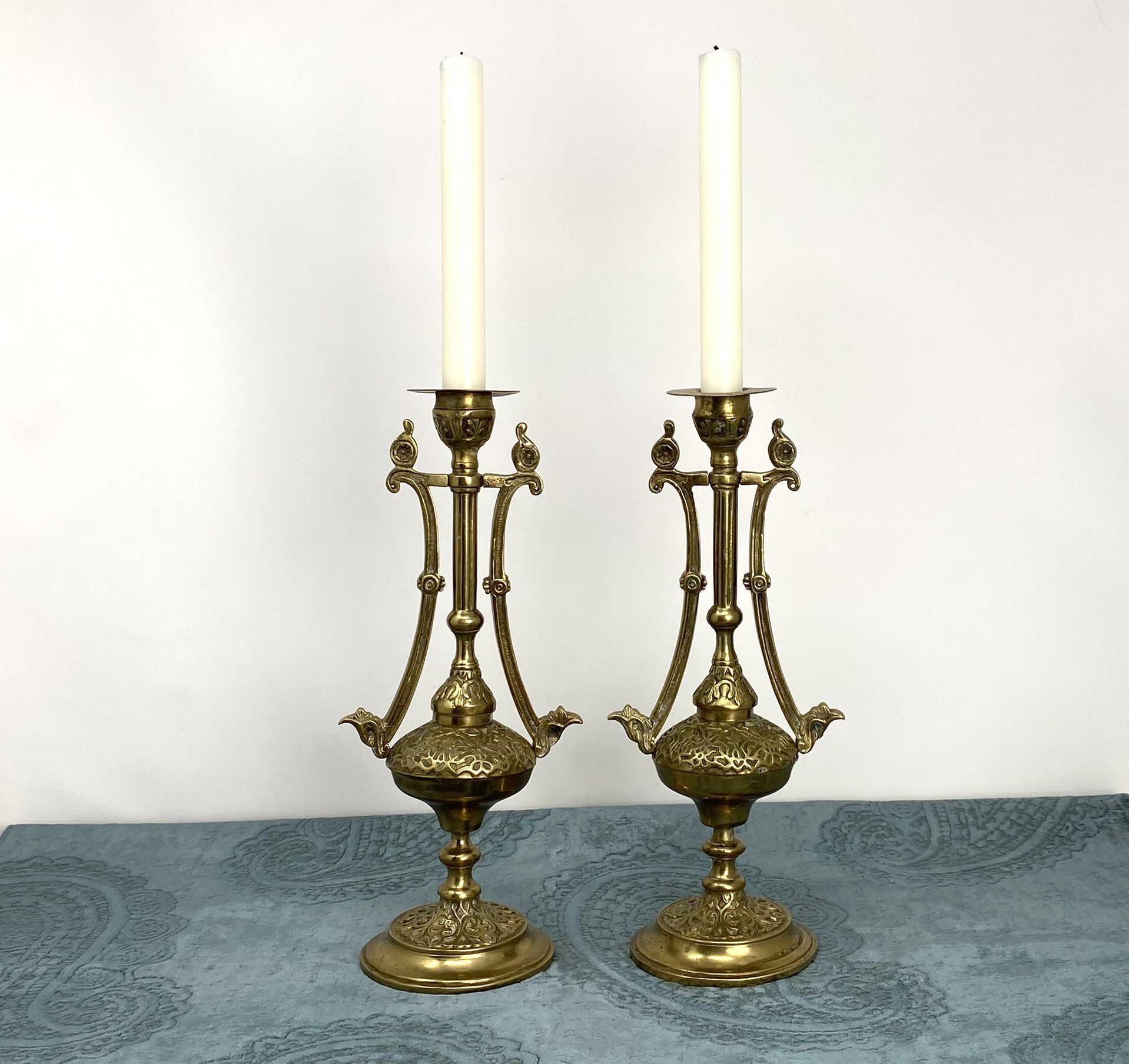 Pair Of 11”  Vintage Engraved Brass Moorish Candle Holders