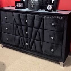 Black Velvet Dresser W/ Acrylic Crystal Knobs Brand New In Box 