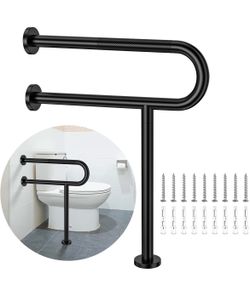 Toilet Support Rail 23.4X 28 Inch, Munzong Anti-Slip Black Handicap Grab Bar for Bathroom, Stainless Steel Knurled Safety handrails with Leg for Elder