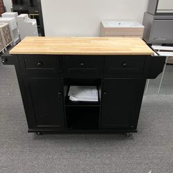 Store Kitchen Cart, with Rubber Wood Drop-Leaf Countertop,Cabinet Door Internal Storage Racks, Kitchen Island on 5 Wheels, with Storage Cabinet and 3 