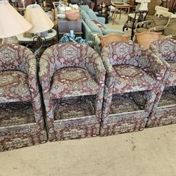  Set of 4 unique vintage Southwestern-inspired geometric kilim upholstery bar stools with a clear lucite foot rest.