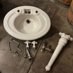 Vintage Cast Iron Pedestal Sink w/ Cross-Handle Faucet Hardware