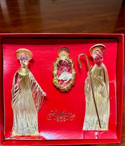 Gorham Lead Crystal Nativity Set 3 Pc Mary Joseph Baby Jesus Gold Germany IOB