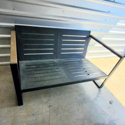 Black Metal Outdoor Loveseat Bench With Wood Accent Handles