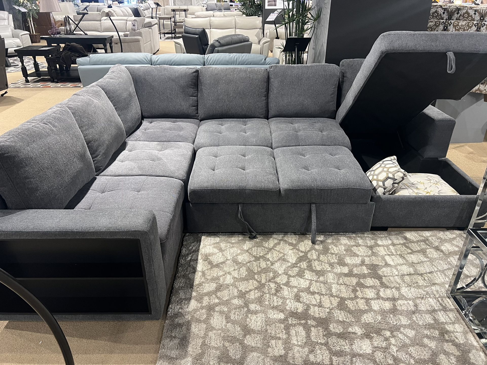 New Sectional W Pullout Bed/Chaise Storage. Grey Or Beige. 128x99Dx40H. Free Delivery!