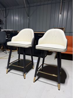 2Pcs PU Leather Bar Stools, Counter Height with Gold Footrest Dining Chairs, White