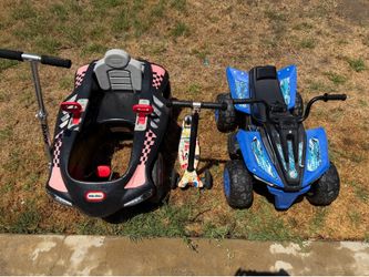 Lot of 2 scooters 1 electric control atv and 1 4 wheel rolling go cart