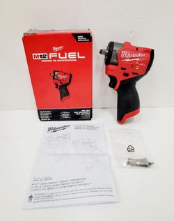 Milwaukee M12 FUEL 3/8" subcompact impact wrench, model 3049-20. This red and black tool has a brushless motor and a 3/8" square anvil with a friction
