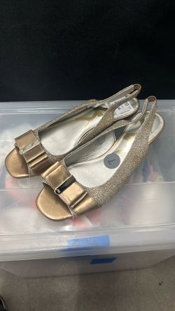 Gold glitter low wedge dressy sandals
