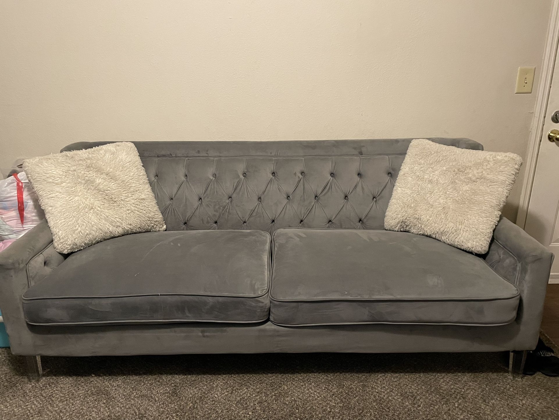Velvet Grey Couch w/ Acrylic Legs