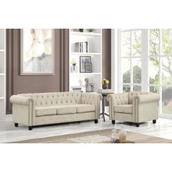 2 - Piece Living Room Set, Sofa And Chair, Apartment Couches, Office Couches Set , Beige , Liner 