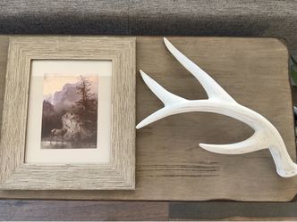 Rustic Wood Frame Art & Carved Faux Antlers