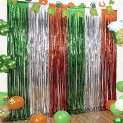 3 Pack St. Patrick's Day Foil Fringe Curtains St Patricks Day Party Decoration 3.3x8.2 ft Green White Orange Tinsel Fringe Curtain Photo Booth Prop St