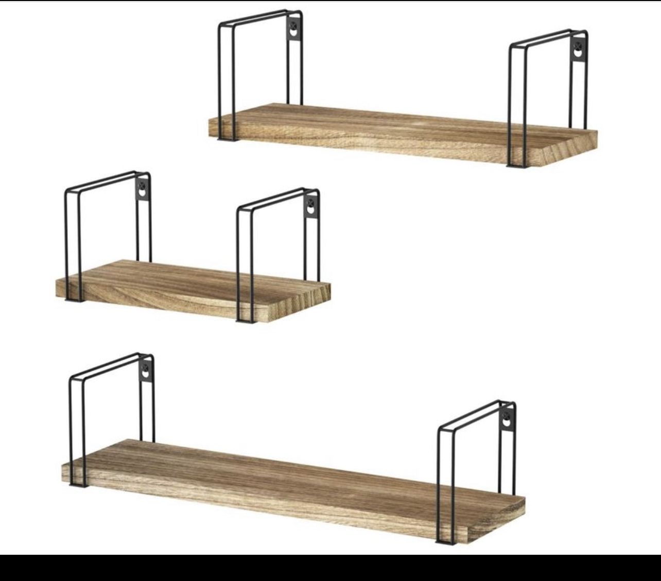 3 Floating wood Shelves: Large 17x 4.9 x 4.2 inch, med 13 x 4.9 x 4.2 inch, S 9x 4.9 x 4.2 inch.