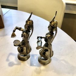 2 Antique INDIA Hindu Silver-tone Metal MUSICIAN DANCERS - Figurine w MRDANGAM DRUM