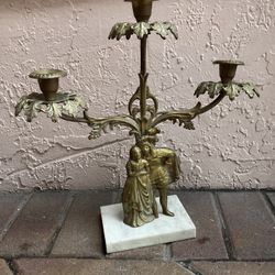 Antique Ornate Figural Gold / Gilt Girandole Candelabra Renaissance Design ~ Marble Base Stands 15 inch