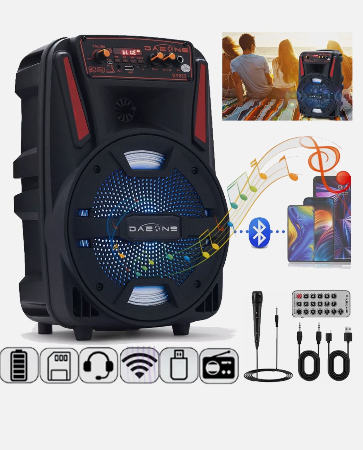 8" 1000W Bluetooth Speaker Heavy Bass Portable Party Sound System Mic FM