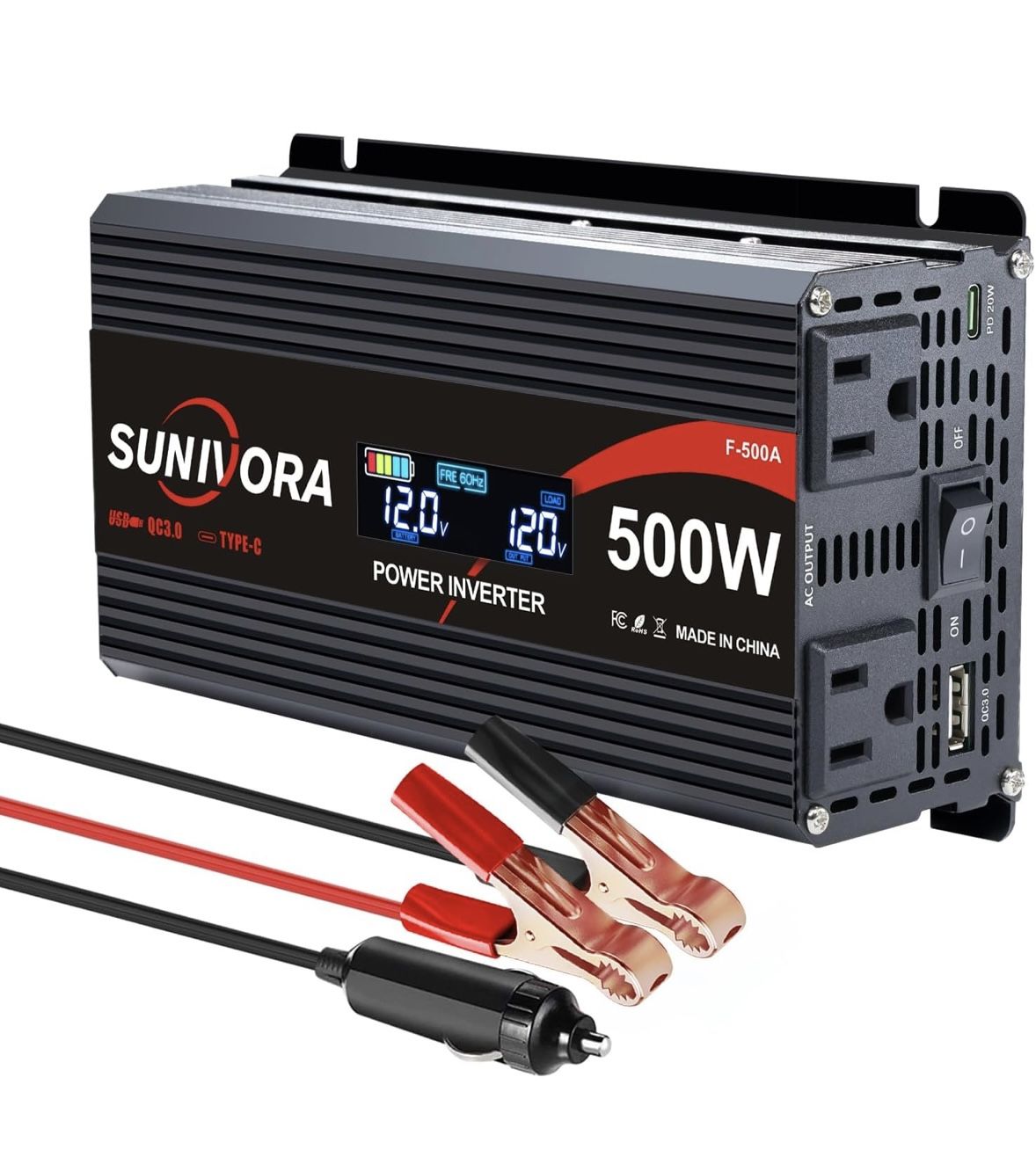 Power Inverter 500-watt with LCD display, 12V DC to 110V/120V AC, 1000 watts