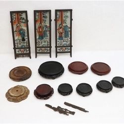 Vintage Chinese  Wood Stands & Painted Glass Panels